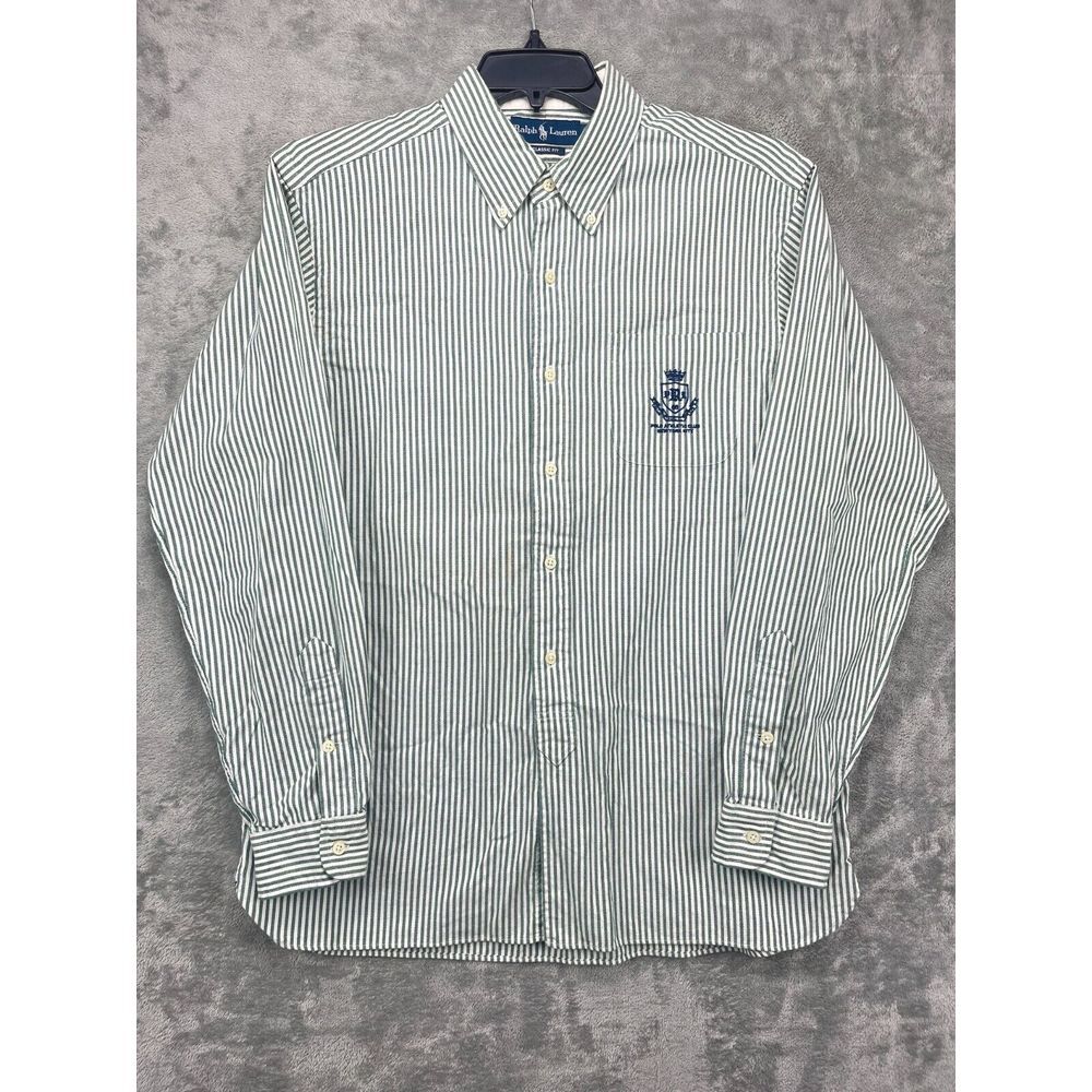Polo Ralph Lauren Shirt Green Stripe Sz L Long Sleeve Button Up Classic Fit Logo